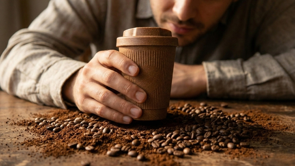 Ekologický pohár z recyklovanej kávovej usadeniny položený medzi kávovými zrnami.